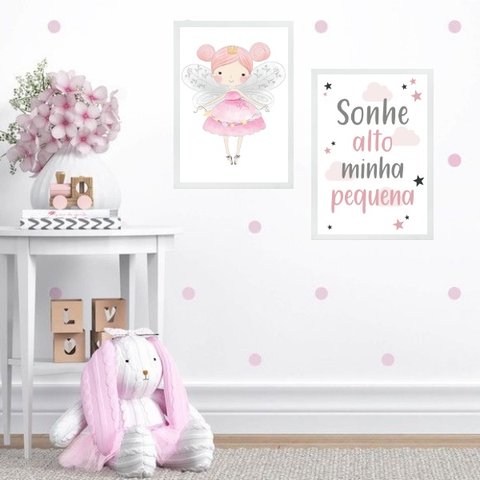 Kit 2 Quadros Infantis Fadinha- Sonhe Alto 24x18cm:madeira Preta