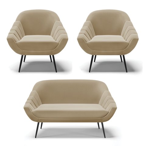 Kit 01 Namoradeira 02 Lugares e 02 Poltronas Giovana Suede Marrom Rato Pés Palito De Ferro - D'