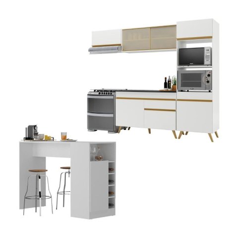 Cozinha Modulada com Bancada Americana Veneza Multimóveis Mp2208 Branco/dourado