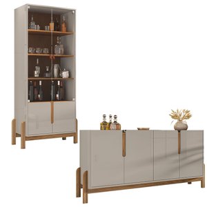 Aparador Buffet 170 com Cristaleira Lizz Pés Madeira Maciça Off White/cedro