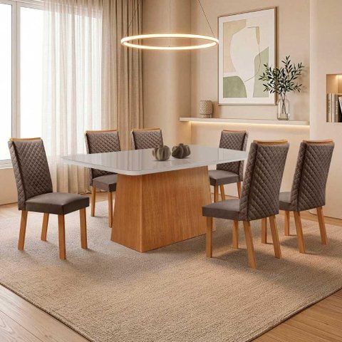 Mesa de Jantar Aida 6 Lugares MDF Vidro Serigrafado Off White 180cm Moderna