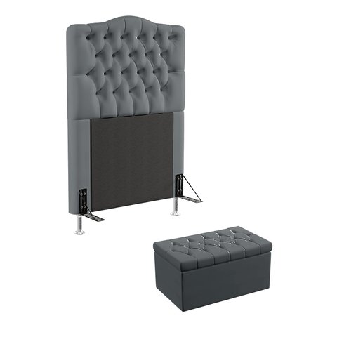 Kit Cabeceira Estofada Decorativa Pollux e Calçadeira Sagitarius 90 Para Cama de Solteiro Sued Cinza