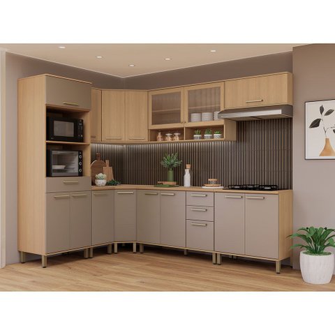 Cozinha Completa de Canto 100 Mdf 9 Peças com Tampo e Espaço Forno e Micro-ondas 458cm Duna Luciane