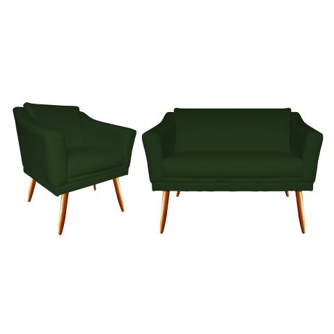 Kit Namoradeira + 1 Poltrona Decorativa Agatha Suede Verde Pés Madeira Mz Decor