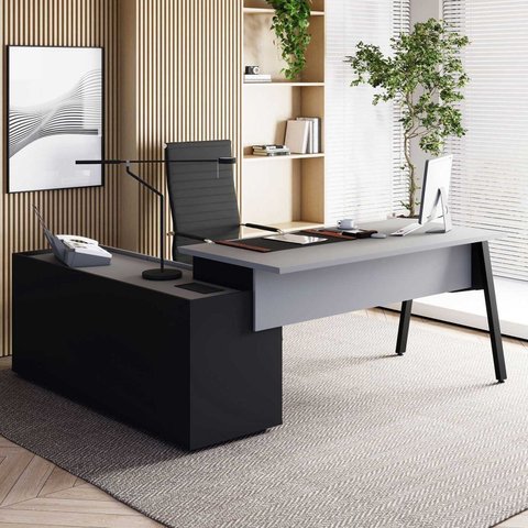 Mesa L Diretor com Armário Lateral 3 Gavetas 180cm Industrial Tampo Chanfrado Pés em Metal Executive