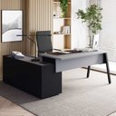 Ver imagem 1 de Mesa L Diretor com Armário Lateral 3 Gavetas 180cm Industrial Tampo Chanfrado Pés em Metal Executive