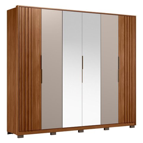 Guarda Roupa Casal Atrice Ripado 6 Portas Nogueira Touch/nude Prime Tx com 2 Espelhos e Pés -