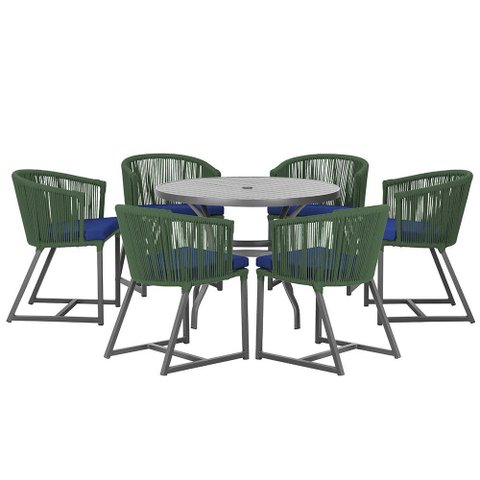 Mesa com 6 Cadeiras de Jantar Roma 120cm e Noronha em Alumínio Preto Corda Náutica Estofado 10 Trama