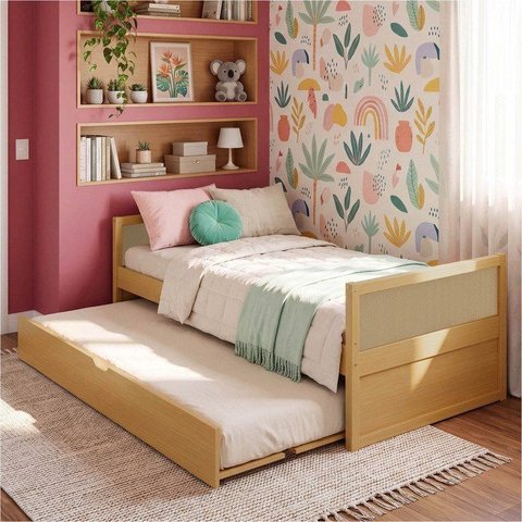 Cama Solteiro Madeira Maciça com Cama Auxiliar Magna Kids Casatema MadeiraOriginals Marrom/Natural