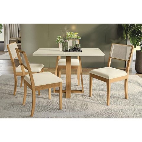 Mesa Cozinha Elma Premium Madeira Maciça C/ Tampo Madeirado C/ Vidro 120x80cm e 4 Cadeiras Lola
