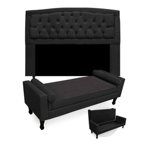 Kit Cabeceira Geovana + Calçadeira Baú Felix King Size 195cm Suede - Ecotec Decor:Preto