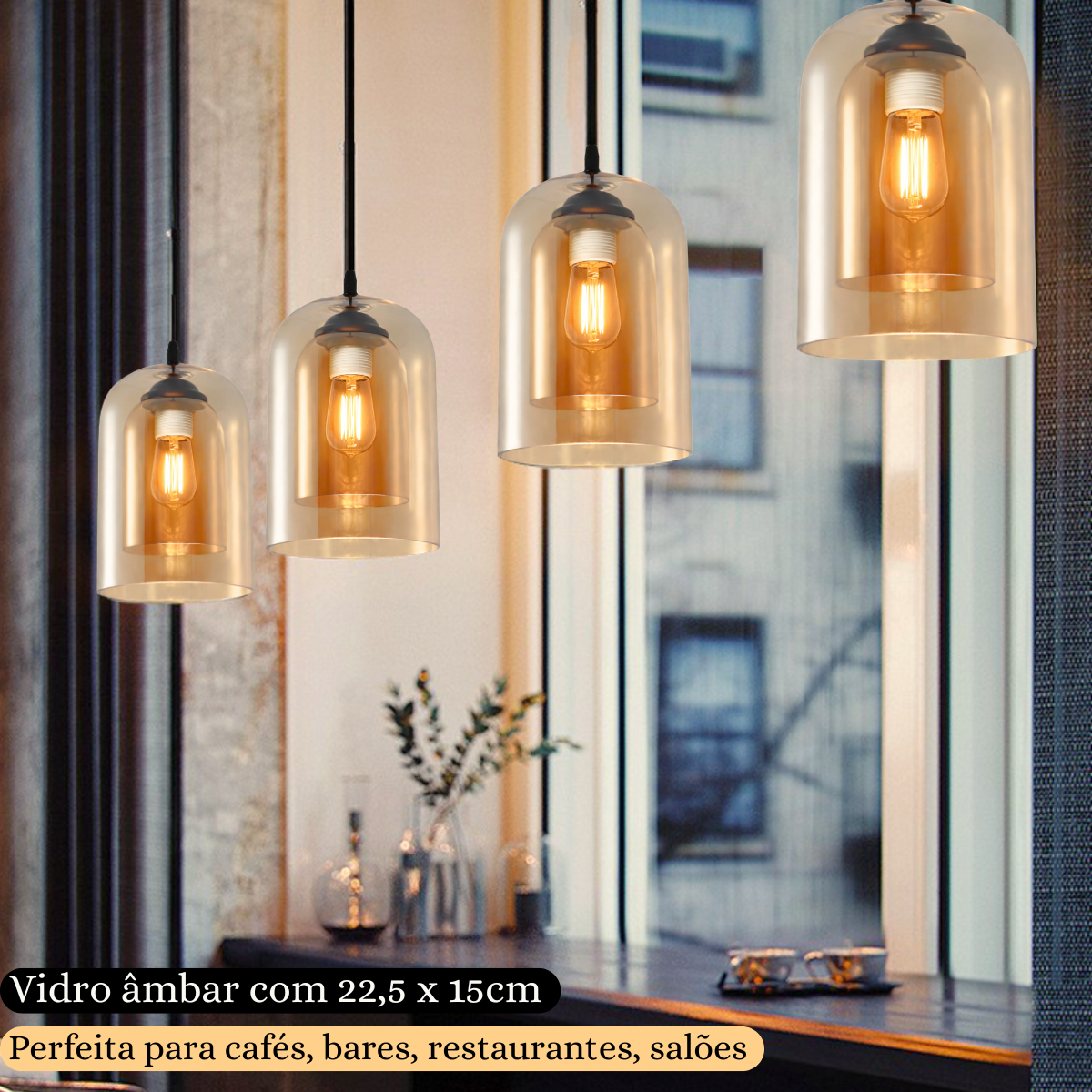 Lustre Pendente 22,5cm Vidro Cilindro Duplo Âmbar Orgânico Luminária Teto Gimpo Kjdde-298-amb