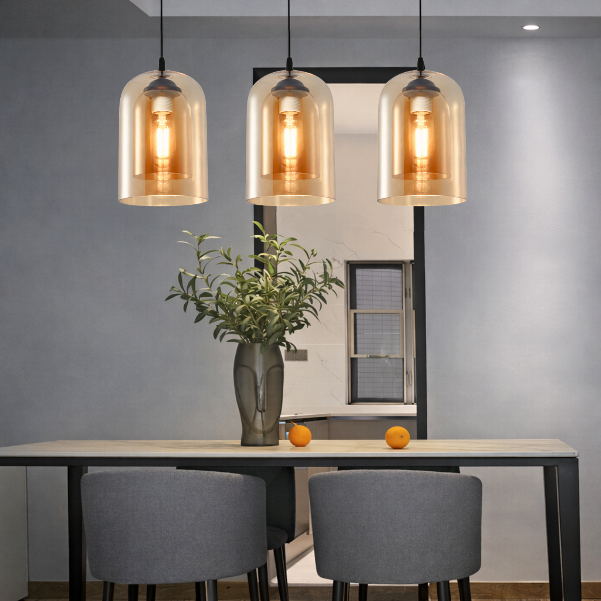 Ver imagem 4 de Lustre Pendente 22,5cm Vidro Cilindro Duplo Âmbar Orgânico Luminária Teto Gimpo Kjdde-298-amb