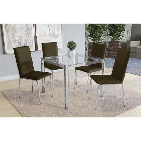 Sala de Jantar Completa Reno c/ Tampo Vidro 90cm + 4 Cadeiras Amsterdã Cromado/Courano Marrom -