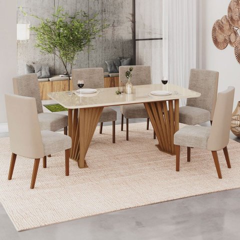 Mesa de Jantar 6 Lugares Lívia/anne Nature/corano Bege/creme - Pnr Móveis