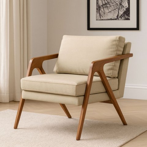 Poltrona Decorativa Mona Linho Premium e Pés Madeira Maciça:bege