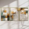 Quadro Decorativo Abstrato Dourado com Verde Kit 3 Quadros - 3