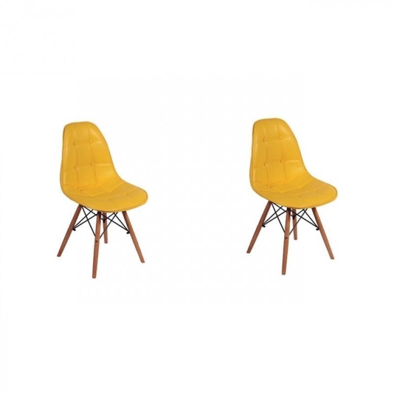 Kit 2 Cadeiras Dkr Charles Eames Wood Estofada Botonê - Amarelo - 1