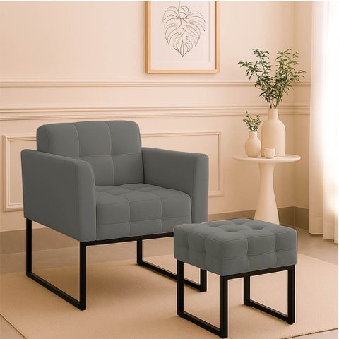 Poltrona Sala e Puff Decorativo Industrial Elisa Suede Grafite D03 - D’Rossi