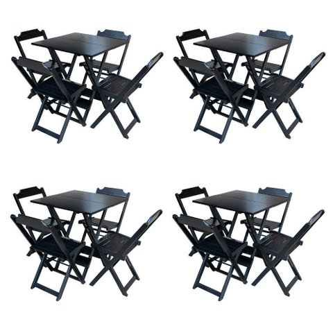 Kit 4 Conjuntos De Mesa Dobravel 60X60 Em Madeira Padrão Com 4 Cadeiras - Preto - Preto