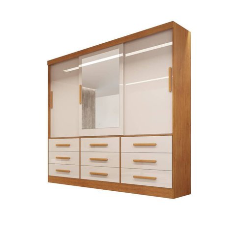 Guarda-roupa Casal 3 Portas Espelho 9 Gavetas 2,11m - Turim-nature/off - Bianchi Móveis