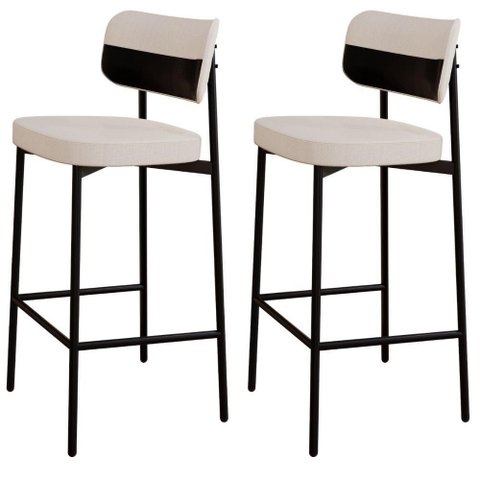 Kit 02 Banquetas Alta Bar Cozinha Sala de Jantar Aço Preto Kaira C01 Linho Palha Courino Preto -