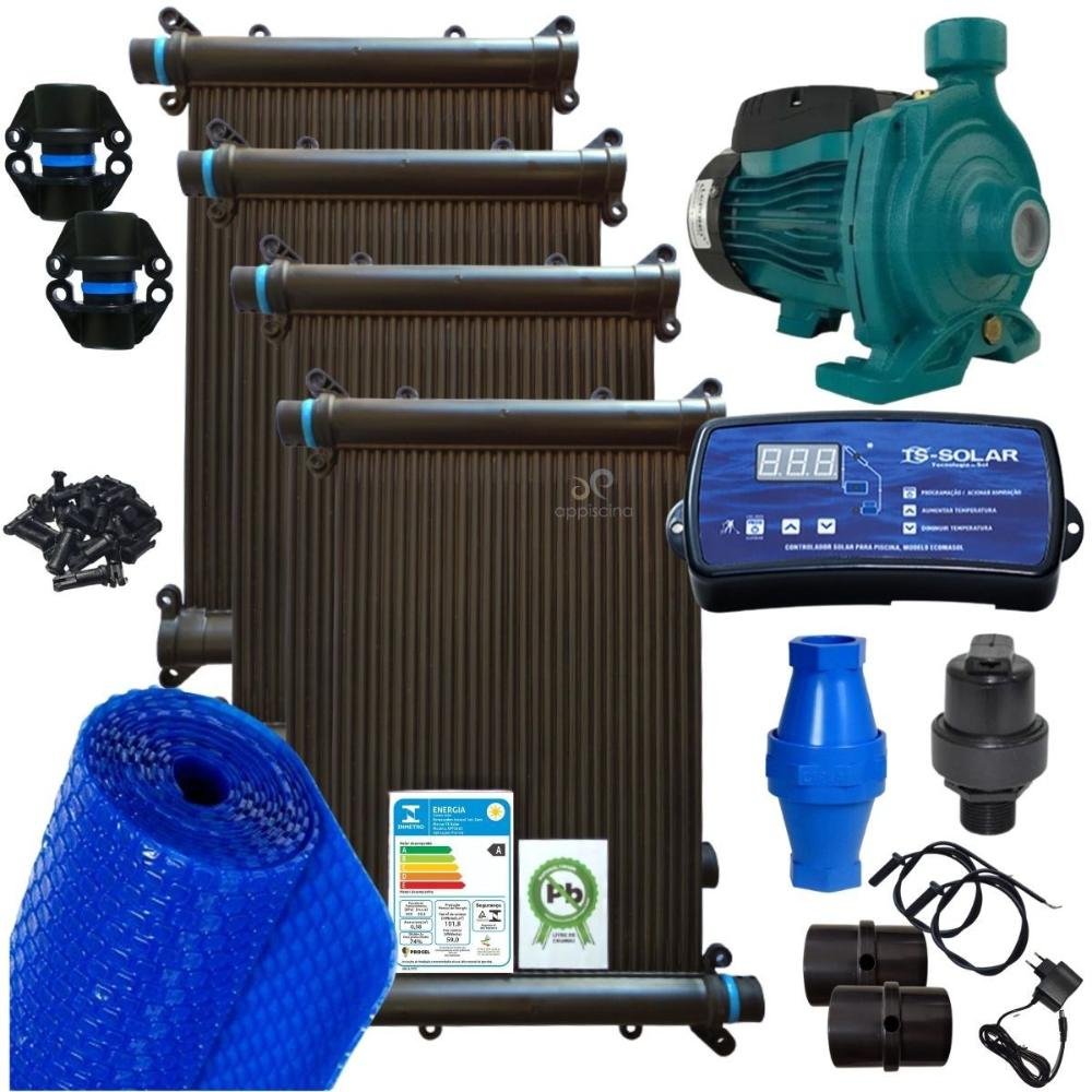 Kit Aquecimento Solar Piscina 24m² - 7x3,5 - Controlador De Temperatura + Bomba 1/2CV + Capa Té - 1