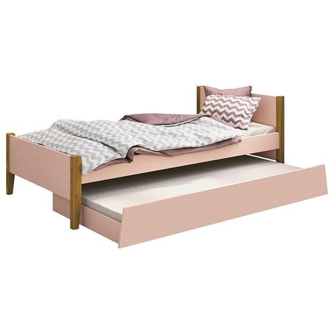 Cama Solteiro com Auxiliar Simba Rosa Acetinado com Pés Madeira – Reller