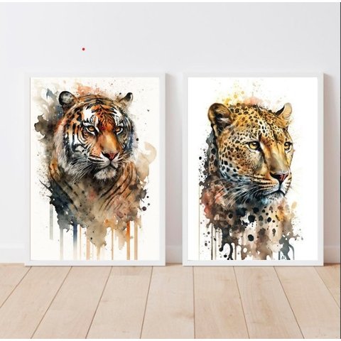 Kit 2 Quadros Decorativos Onça E Tigre Aquarela 24x18cm - com vidro:Madeira branca