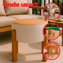 Ver imagem 3 de Kit 2 Puff Banqueta Redondo Zoe Corino Caramelo e Linho Gelo Decorativo Base de Madeira - Arkell