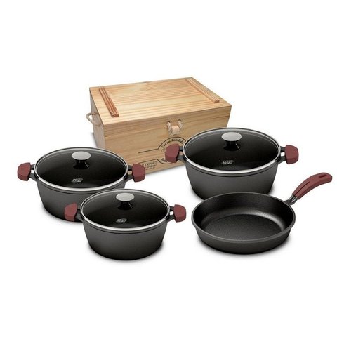 Jogo de Panelas Ferro Fundido com Frigideira 4 Peças + Caixa de Madeira - MTA