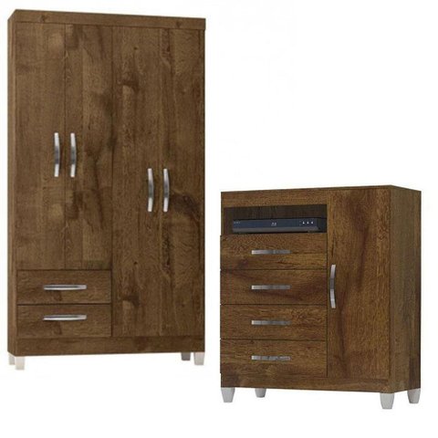 Guarda Roupa Solteiro Módena 4 Portas e Cômoda Sapateira Cannes Malbec - Incorplac