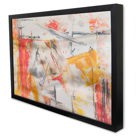 Quadro Decorativo Caixa Alta com Vidro Abstrato Mármore Amarelo e Vermelho TaColado Moldura Preta 90