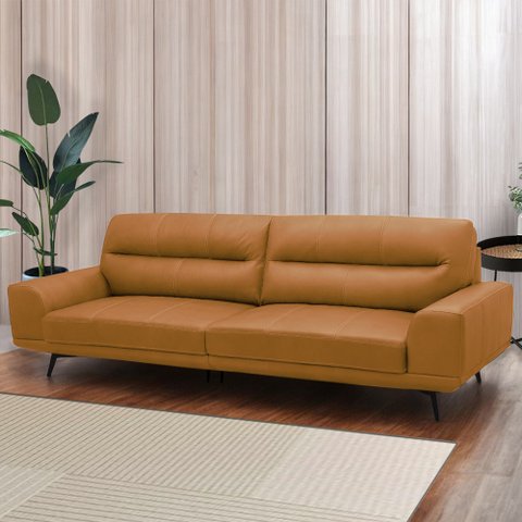 Sofá Decorativo Ashton 3 Lugares Sala de Estar 256cm Pés em Aço Couro Caramelo G88 - Gran Belo