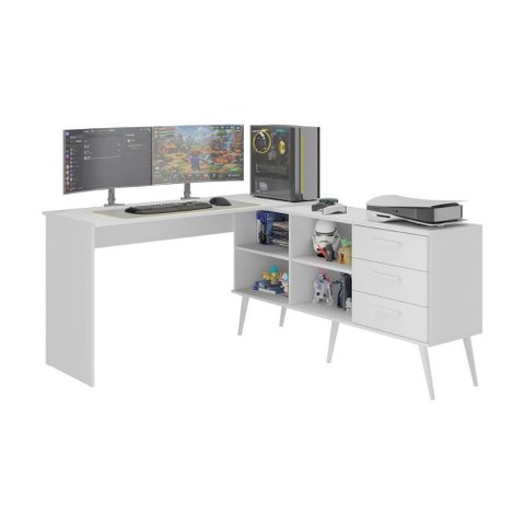 Mesa Gamer em L para Computador com 3 Gavetas Nexus Multimóveis Mp6048 Branco