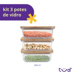 Kit 3 Potes de Vidro 600ml com Tampa de Bambu Hermético Marmita Retangulares - Tud - 4