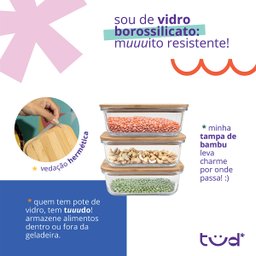 Kit 3 Potes de Vidro 600ml com Tampa de Bambu Hermético Marmita Retangulares - Tud - 5