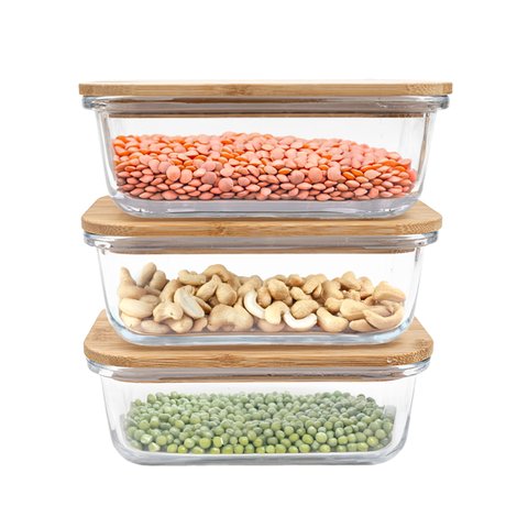 Kit 3 Potes de Vidro 600ml com Tampa de Bambu Hermético Marmita Retangulares - Tud