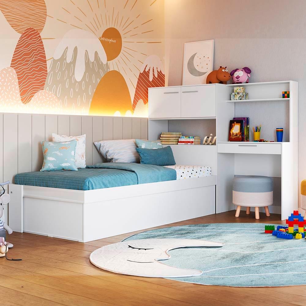 Conjunto Cama Box Baú Solteiro Juvenil Branco Istambul Art In Móveis