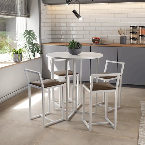 Conjunto Mesa 4 Cadeiras Estofado Tampo Branco Redondo Industrial White