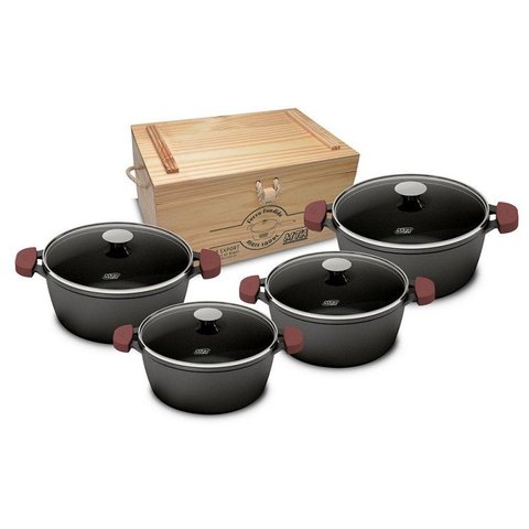 Conjunto Caçarolas Ferro Fundido 4 Peças Tampa Vidro + Caixa de Madeira Mta