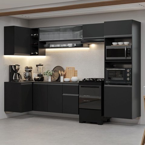 Armário de Cozinha Completa de Canto Suspenso 385 Cm Preto Nice Madesa 02