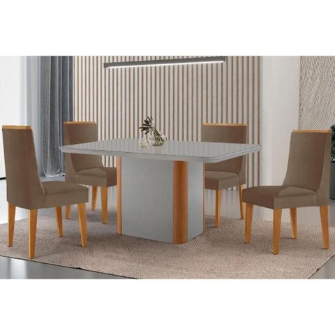 Sala Jantar Mesa Pietá Tampo c/ Vidro Curvo 120cm+4 Cadeiras Dakota Madeira Naturale/Off White -