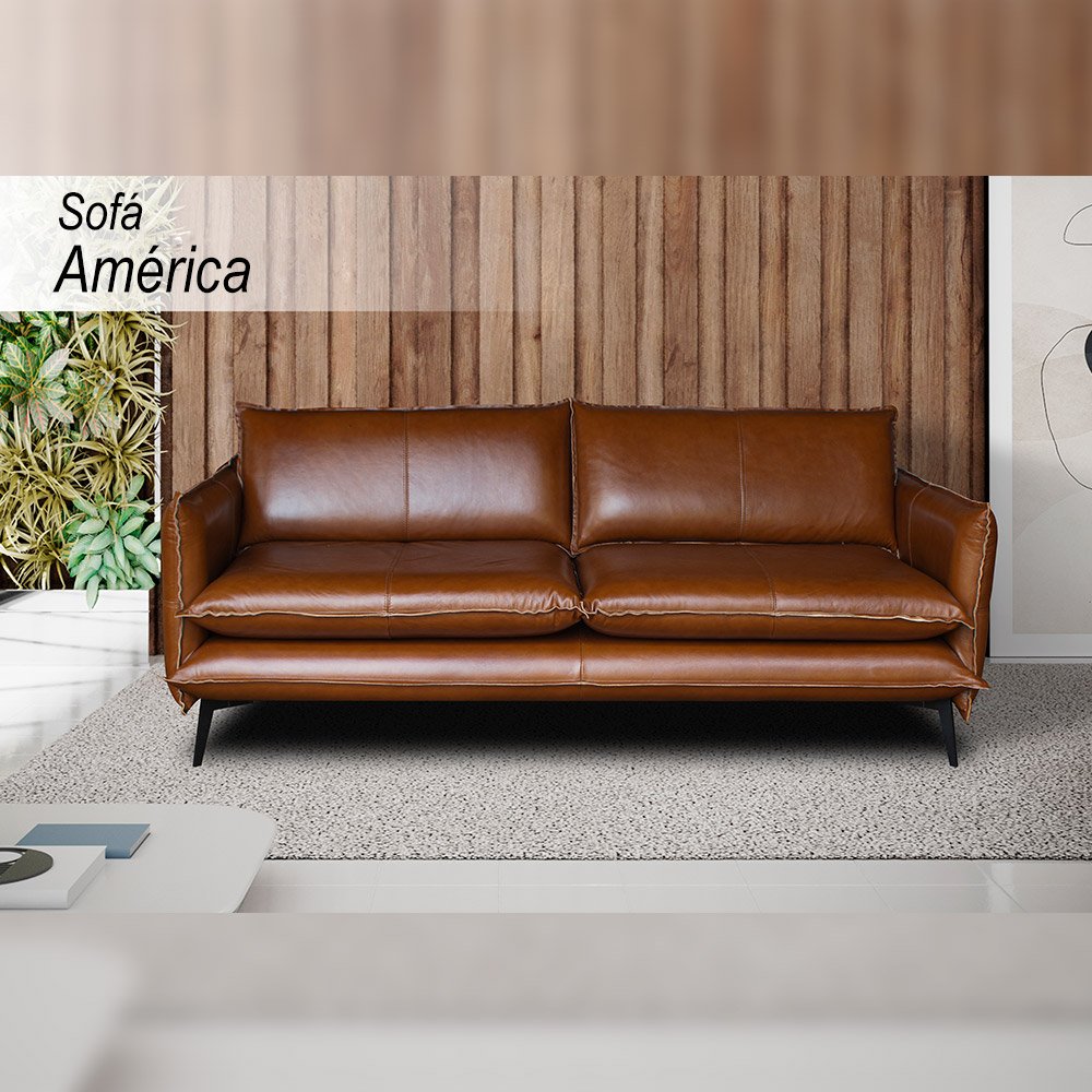 Sofá Decorativo Sala de Estar 4 Lugares América 220cm Couro Conhaque - Mozzelar