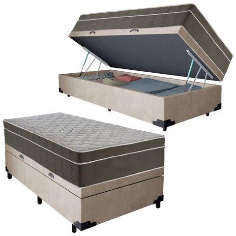 Cama Box Baú Suede Solteiro + Colchão Sereneprime Molas Ensacadas 88x188x69 Bege