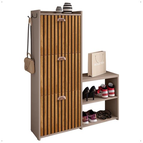 Sapateira Vertical 3 Gavetas Banco Prateleira Sapatos Gancho Bolsa Hall Entrada Quarto Fendi/ripado