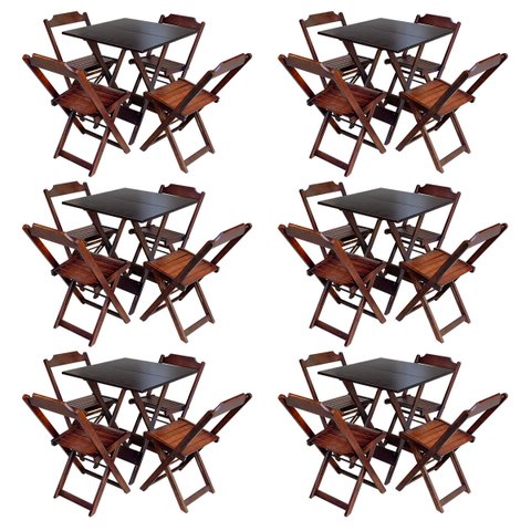 Kit 6 Jogos de Mesa com 4 Cadeiras de Madeira Dobrável 60x60 Ideal para Bar e Restaurante - Imbuia