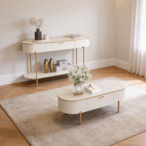 Aparador Beca e Mesa de Centro Giverny Orgânico Industrial D05 Off White - Lyam Decor