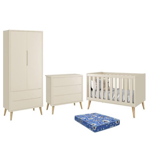 Dormitório Infantil Theo Retrô 2 Portas, Cômoda, Berço Areia Fosco com Pés Madeira Natural e
