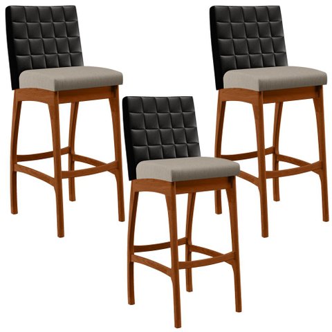 Kit 03 Banquetas Altas Cozinha Sala de Jantar Fixa Mila B04 Couríssimo Preto Linho Bege - Lyam Decor